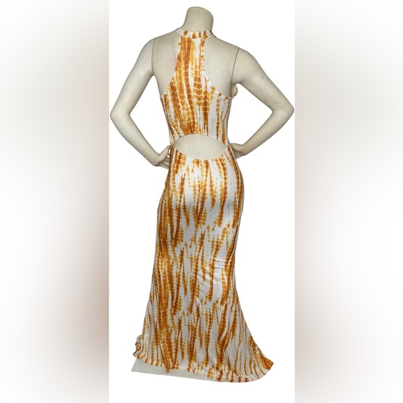 UNBRANDED Yellow/White Tie Dye Racerback Halter Mermaid Fitted Cutout Maxi Dress - Picture 5 of 13
